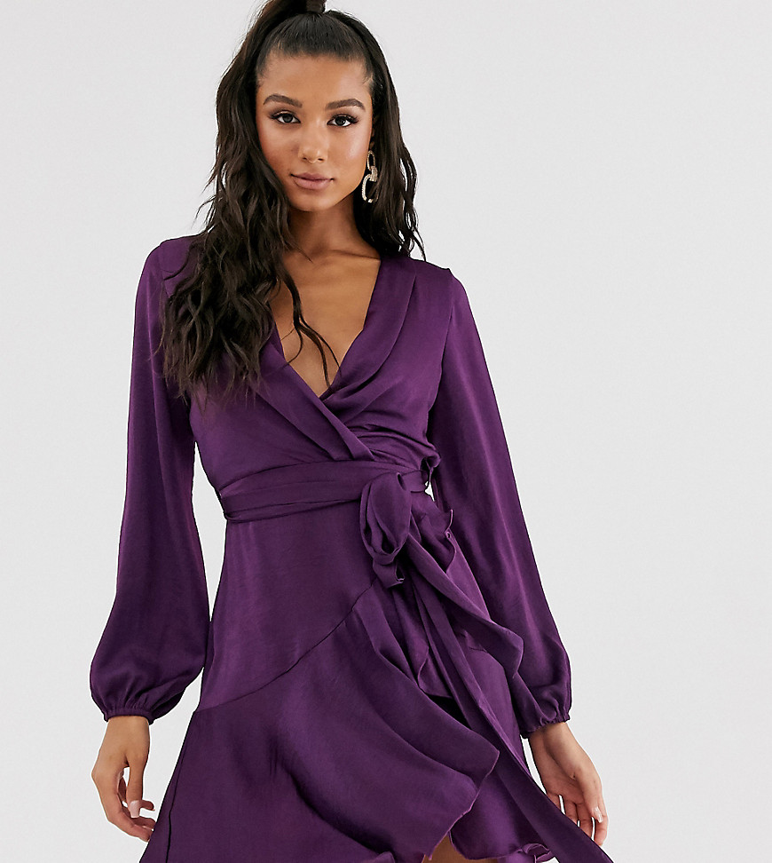 Flounce London satin mini wrap dress in amethyst-Purple