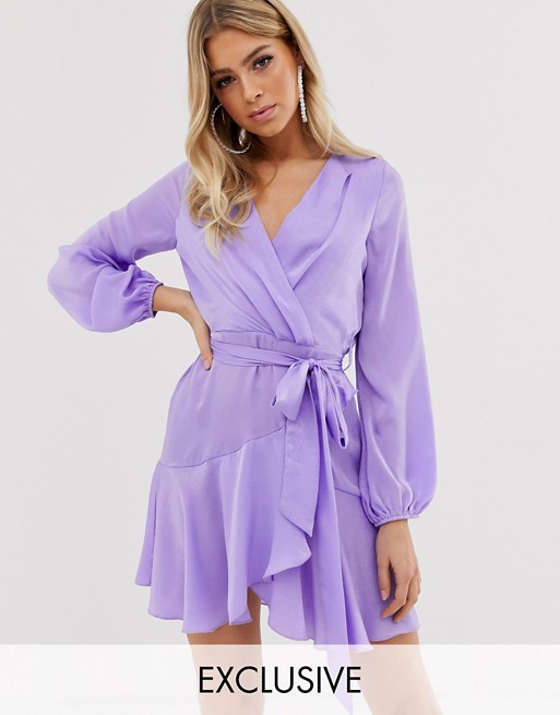 Flounce London satin mini wrap dress in lilac
