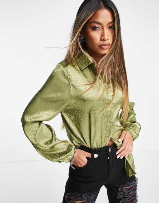 Flounce London satin oversized drop shoulder shirt in khaki jacquard (part of a set) 