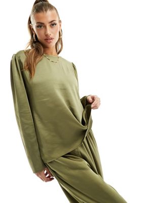 Flounce London satin oversized top in olive co-ord - ASOS Price Checker