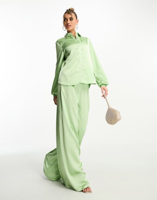 Flounce London satin palazzo pants in light khaki - part of a set