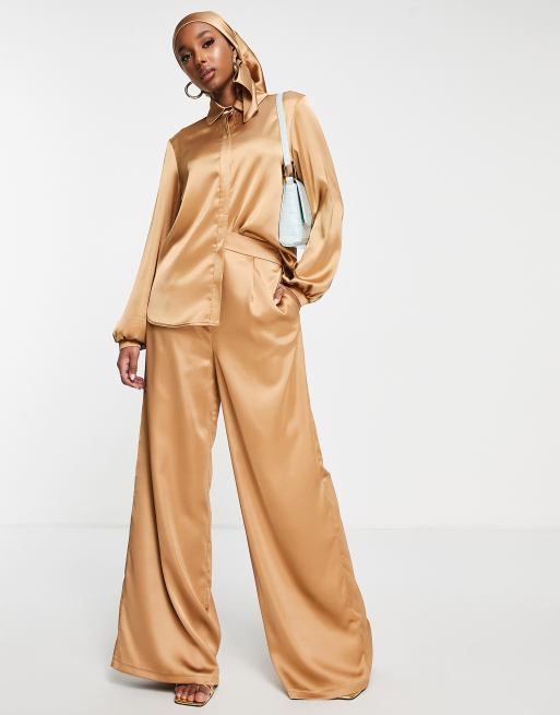 Flounce London button up satin shirt, palazzo pants and headscarf in sand