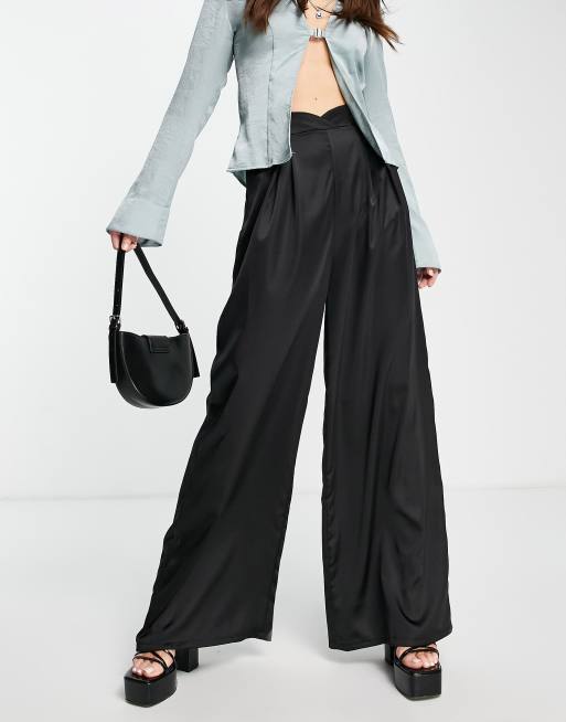 Pleated Satin Wide Leg Pants in Black