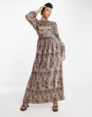 Flounce London satin plisse maxi dress in leopard print-Brown