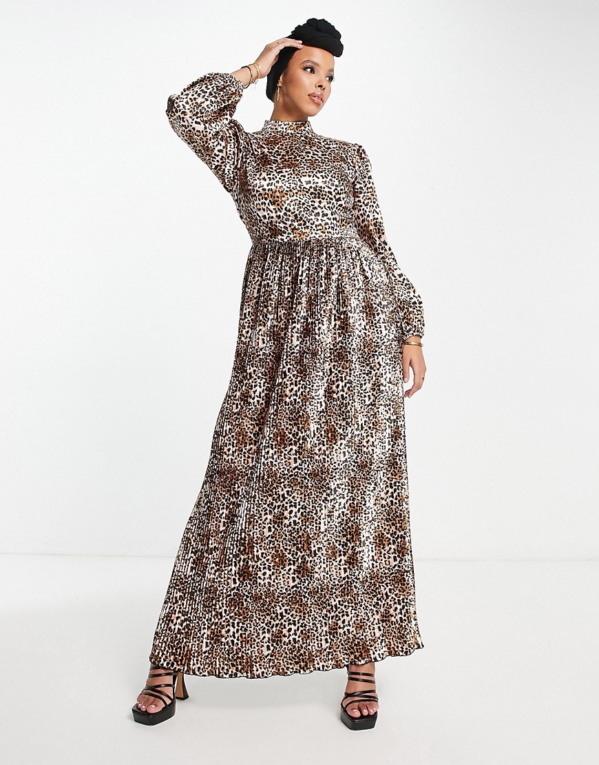 Flounce London Satin Plisse Maxi Dress In Leopard Print-brown
