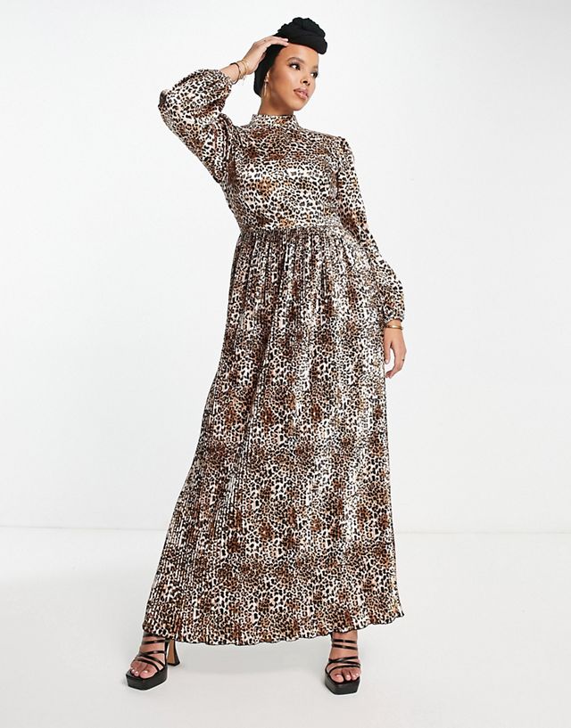 Flounce London satin plisse maxi dress in leopard print