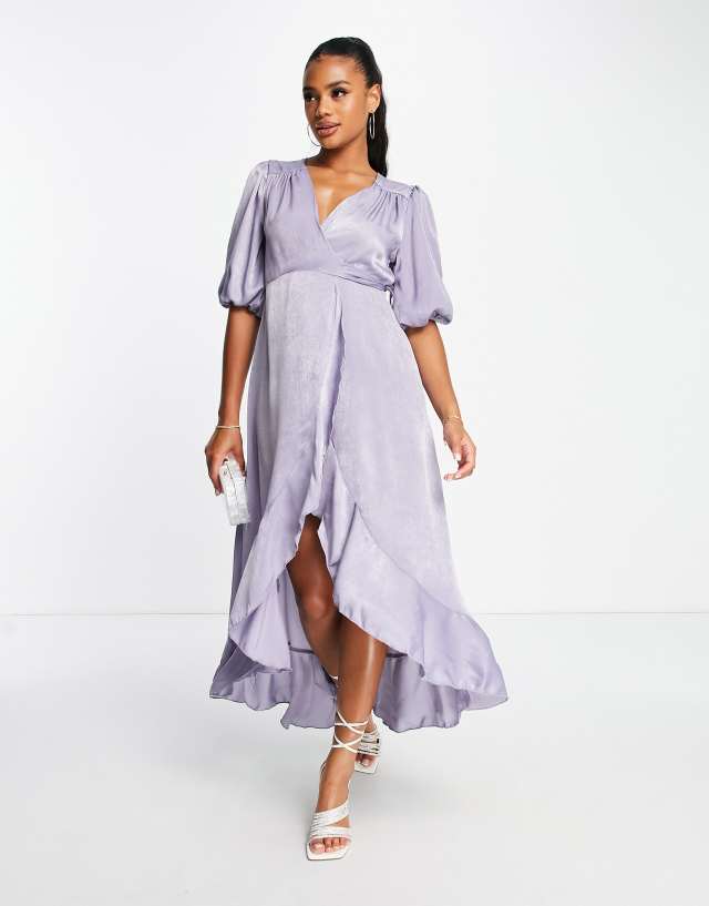 Flounce London satin puff sleeve maxi wrap dress in light blue