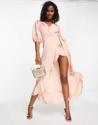 Flounce London satin puff sleeve maxi wrap dress in light pink