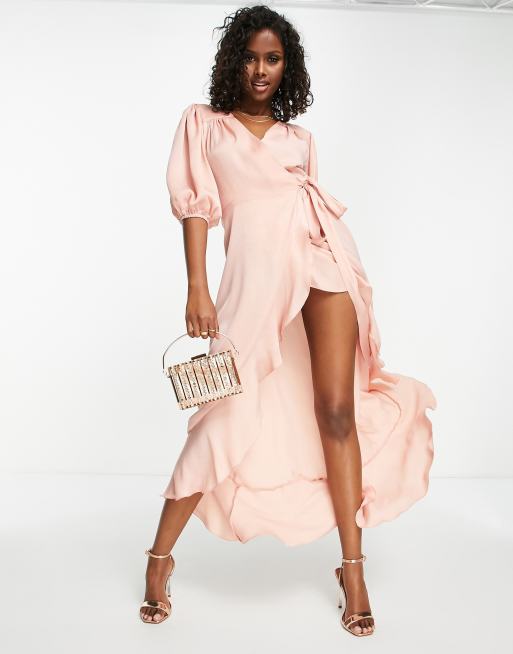 Flounce London satin puff sleeve maxi wrap dress in light pink