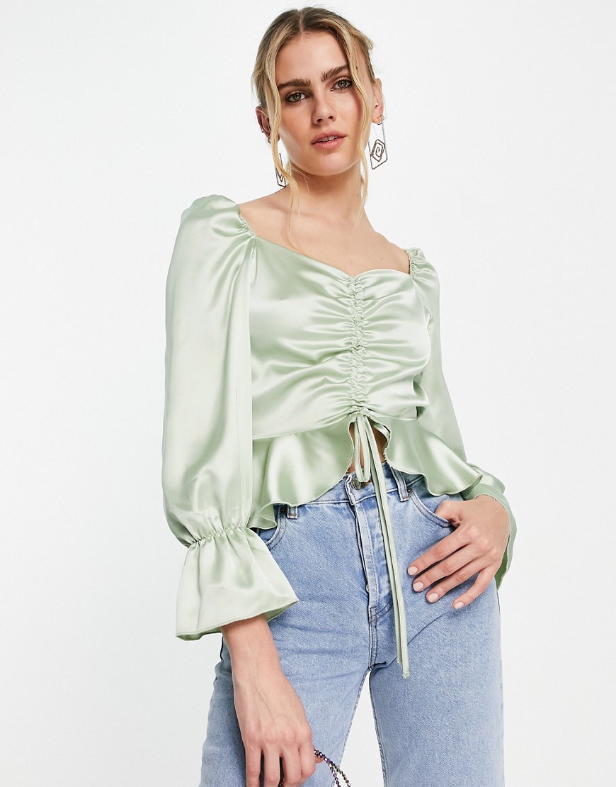 Flounce London satin ruched front blouse in dusty sage-Green