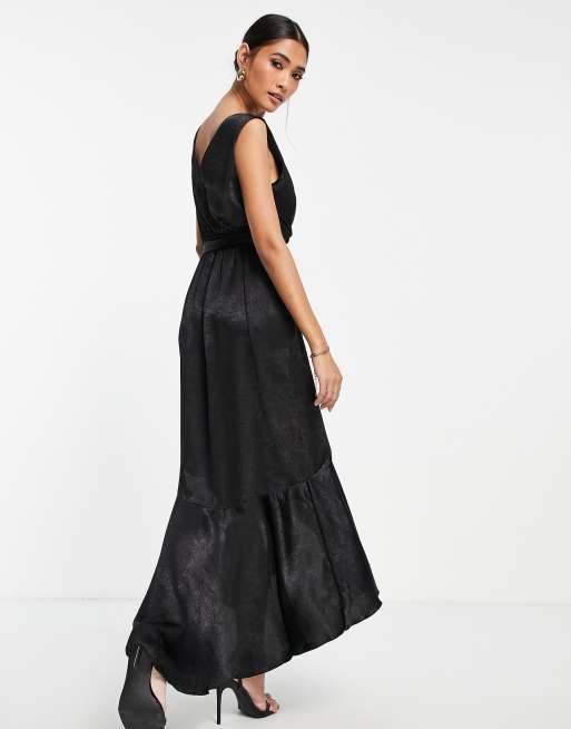 Flounce London satin satin wrap front midaxi dress in black , 2 of 4