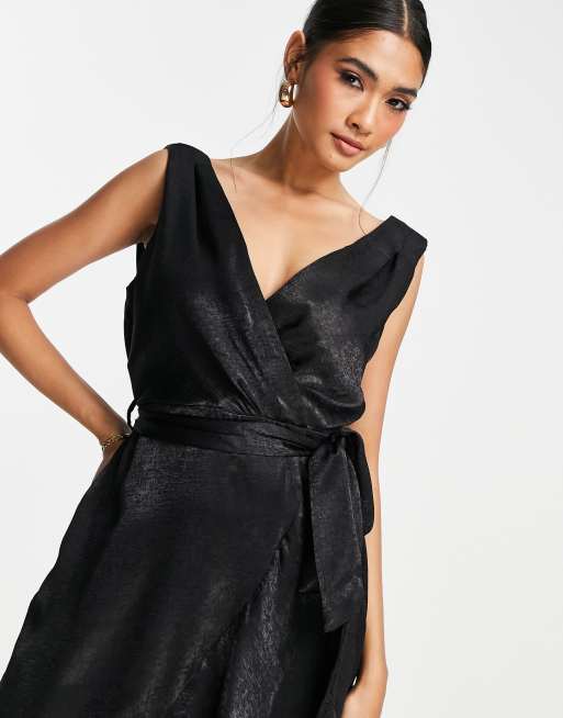 Flounce London satin satin wrap front midaxi dress in black , 3 of 4