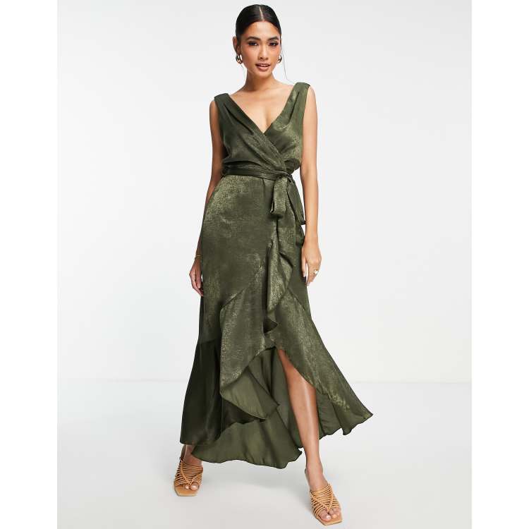 Flounce London satin satin wrap front midaxi dress in khaki