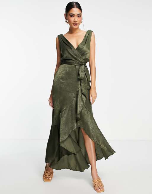 Flounce London satin satin wrap front midaxi dress in khaki 