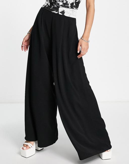 Flounce London satin super wide leg palazzo pants in black