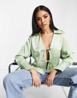 Flounce London Flounce London satin tie front shirt in sage croc jacquard-Green