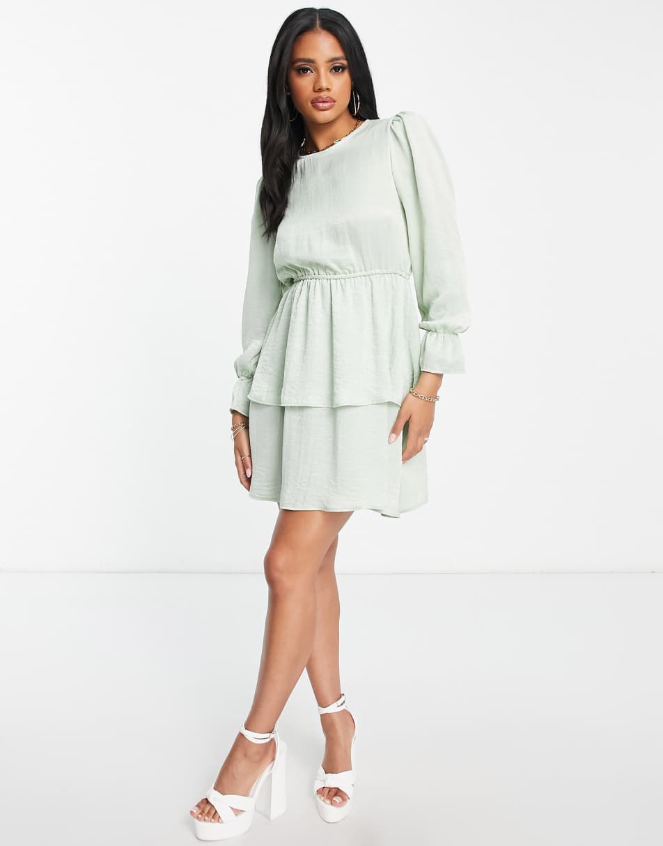 Flounce London satin tiered mini dress in sage satin