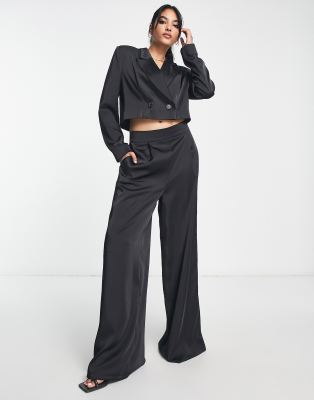 Flounce London satin wide leg pants in black satin - part of a set