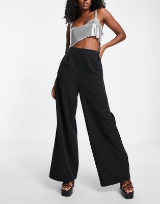 Flounce London satin wide leg pants with pleated front in black