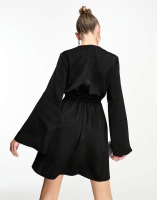 Flounce London satin wide sleeve mini dress in black