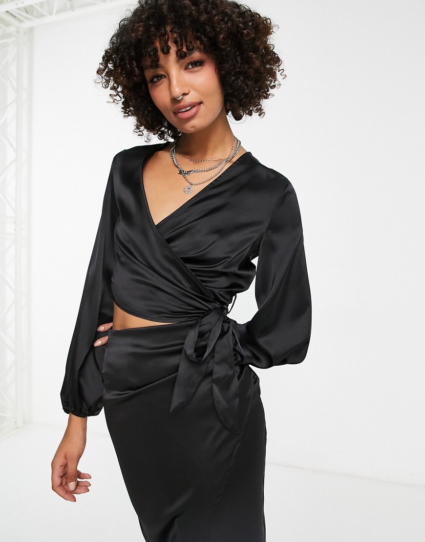 Flounce London satin wrap front cropped satin blouse with balloon sleeves in black - part of a set