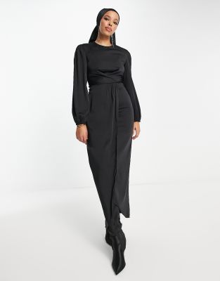Flounce London satin wrap front maxi dress in black satin  - ASOS Price Checker