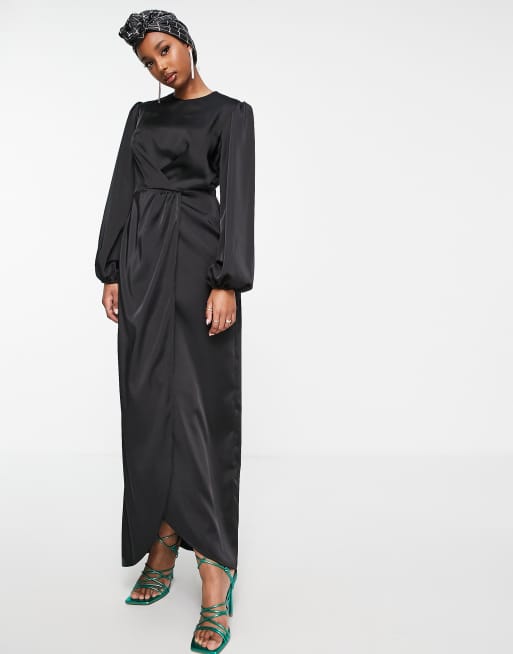 Flounce London satin wrap front maxi dress in black