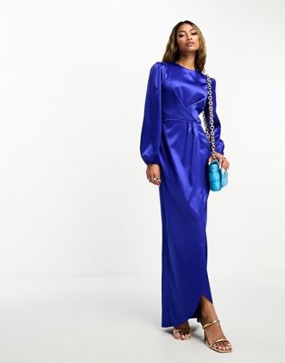 Flounce London satin wrap front maxi dress in cobalt