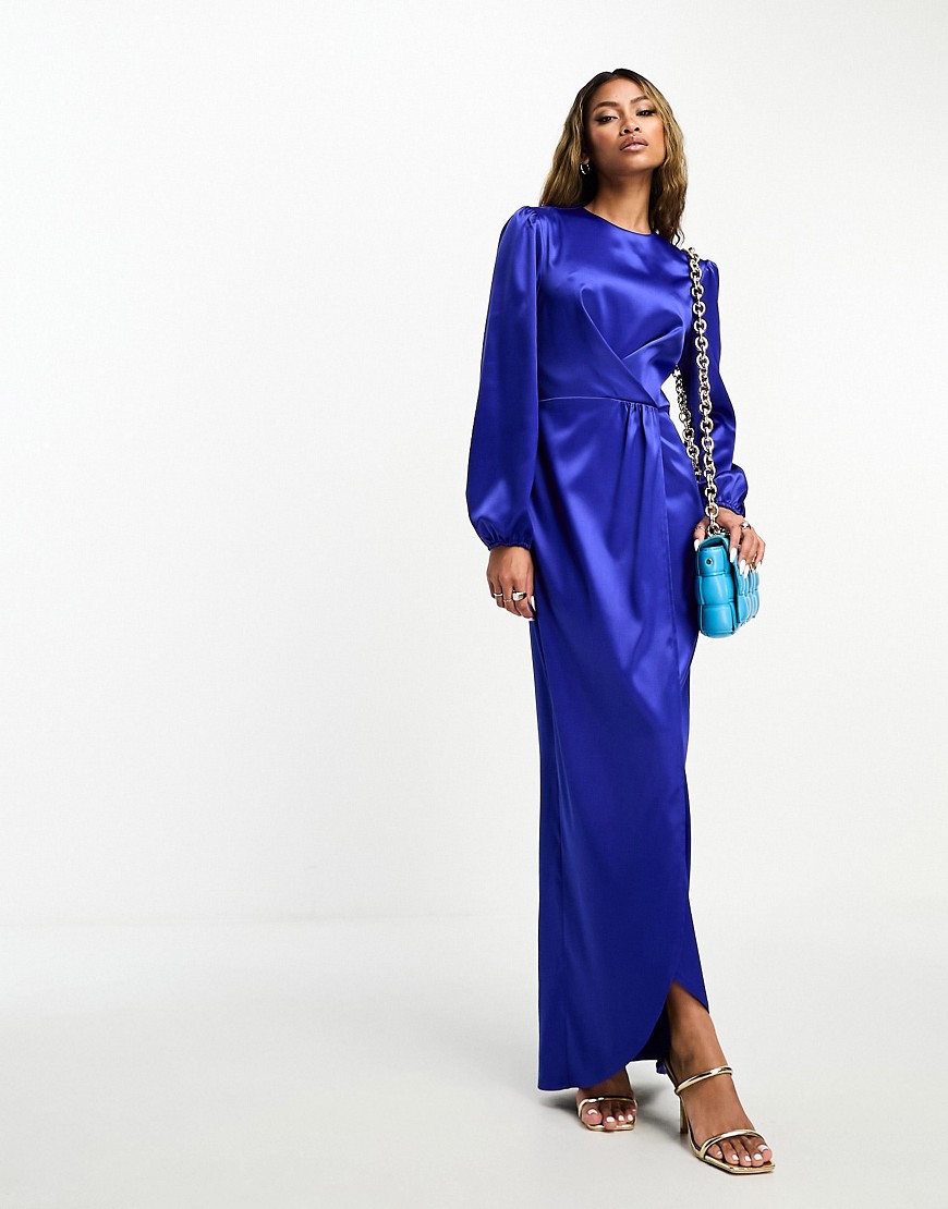 Flounce London Satin Wrap Front Maxi Dress In Cobalt-blue