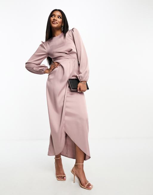 Flounce London Petite satin long sleeve wrap maxi dress in sage, ASOS