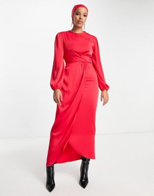Flounce London satin wrap front maxi dress in red satin  - ASOS Price Checker