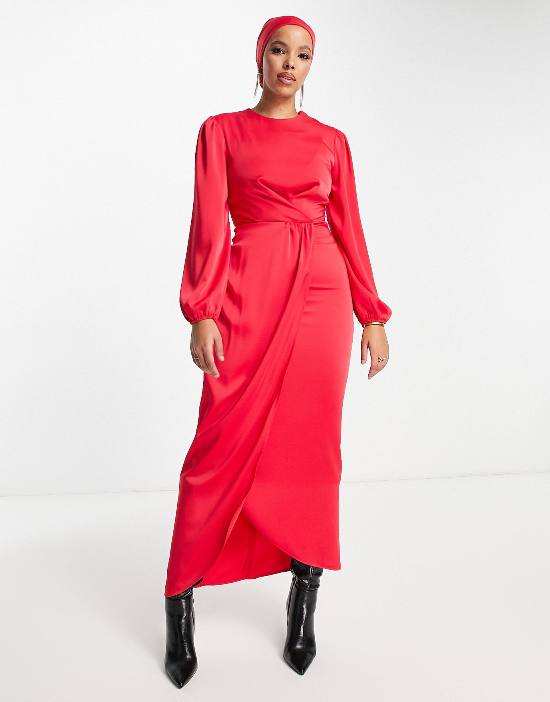 flounce london satin wrap front maxi dress in red