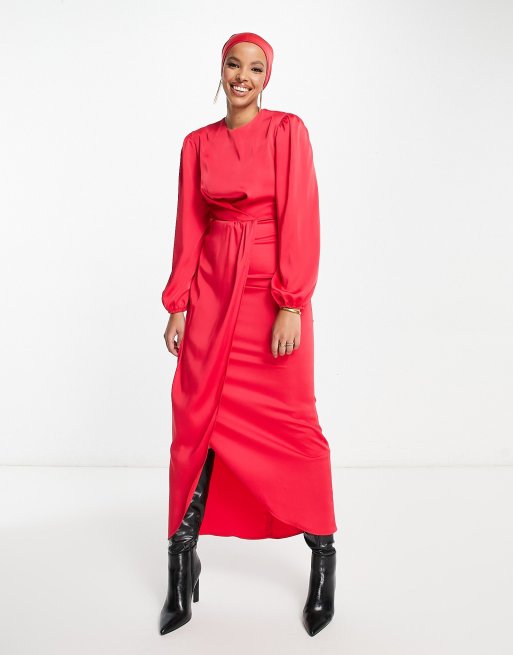 Flounce London satin wrap front maxi dress in red , 4 of 4