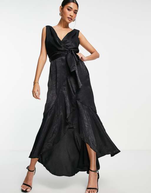 Flounce London satin wrap front midaxi dress in black | ASOS