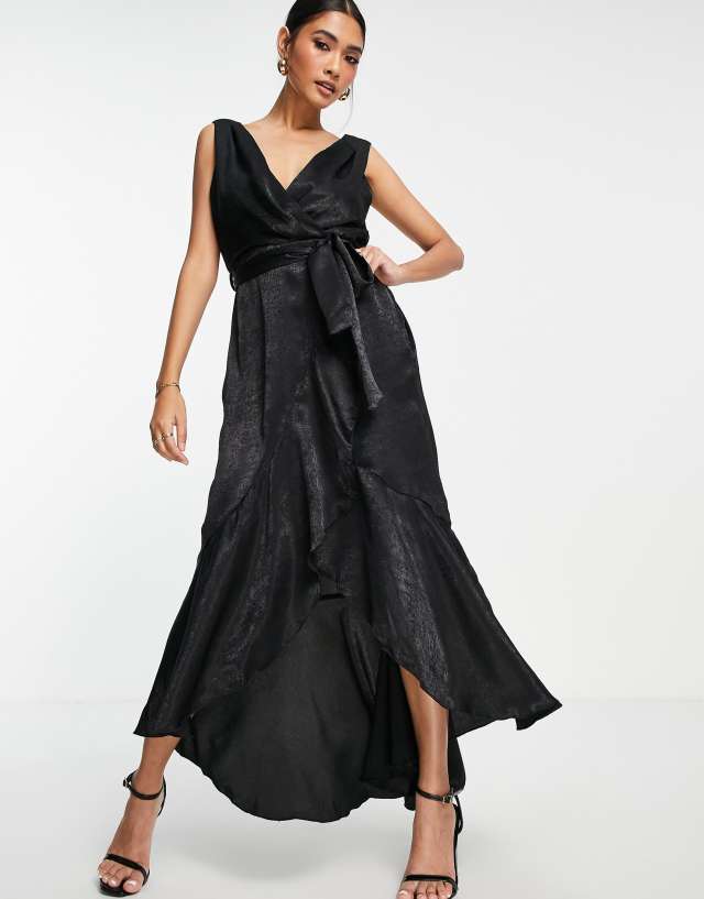 Flounce London satin wrap front midaxi dress in black