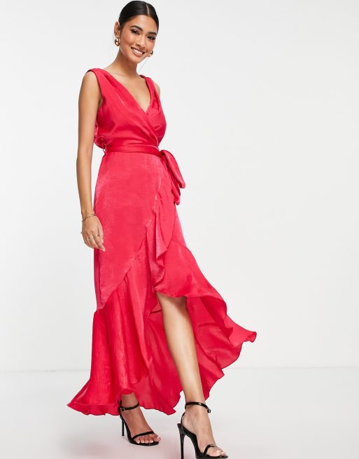 Flounce London Petite Satin Wrap Front Midaxi Dress In Tomato Red