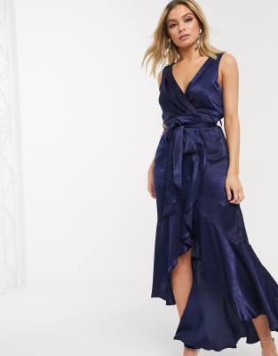 Flounce London satin wrap front midaxi dress in navy