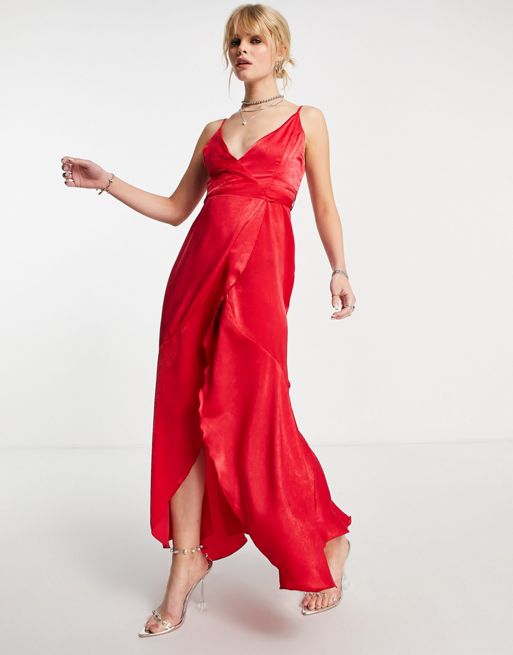 Flounce London satin flutter sleeve wrap front maxi dress in red, ASOS