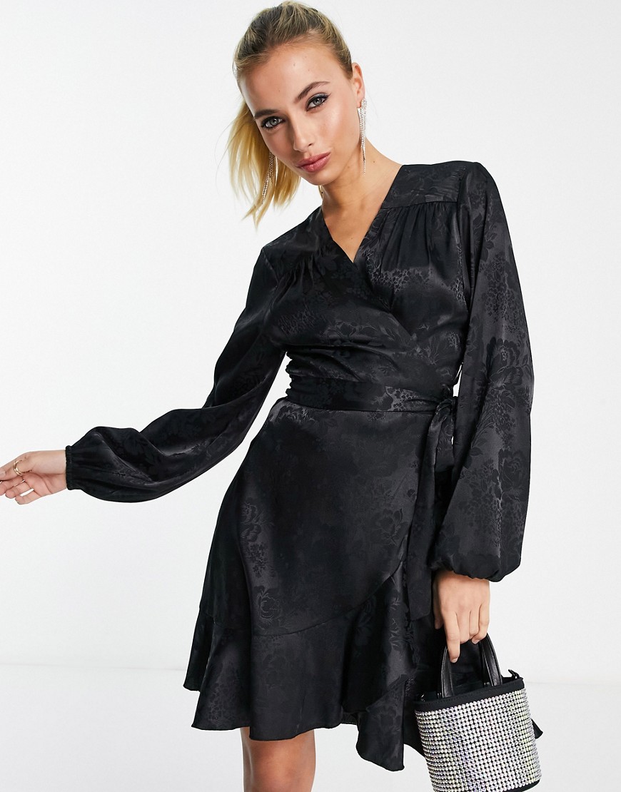 Flounce London Satin Wrap Front Mini Dress With Balloon Sleeve In Black Floral Jacquard