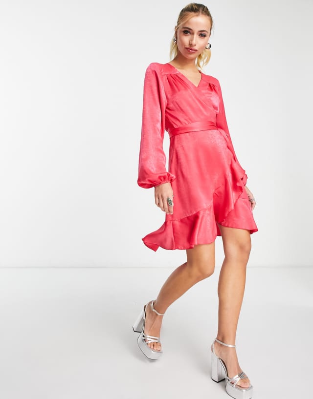 Flounce London satin wrap front mini dress with balloon sleeve in fuschia