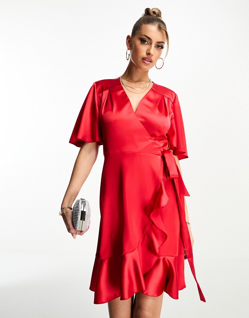 Flounce London Satin Wrap Front Mini Dress With Flutter Sleeves In Red