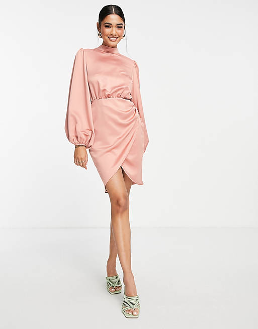 Flounce London satin wrap front mini dress with high neck in blush pink