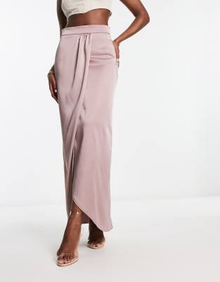 Flounce London satin wrap maxi skirt in heather rose-Pink