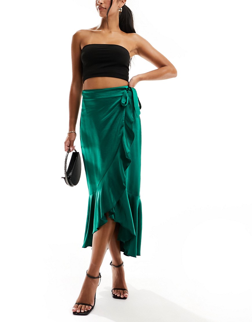 Flounce London satin wrap midaxi skirt in emerald green
