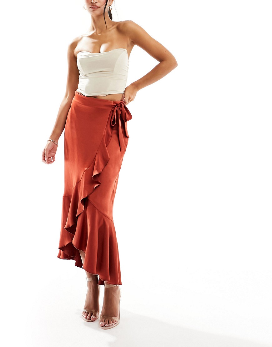 Flounce London satin wrap midaxi skirt in rust-Red