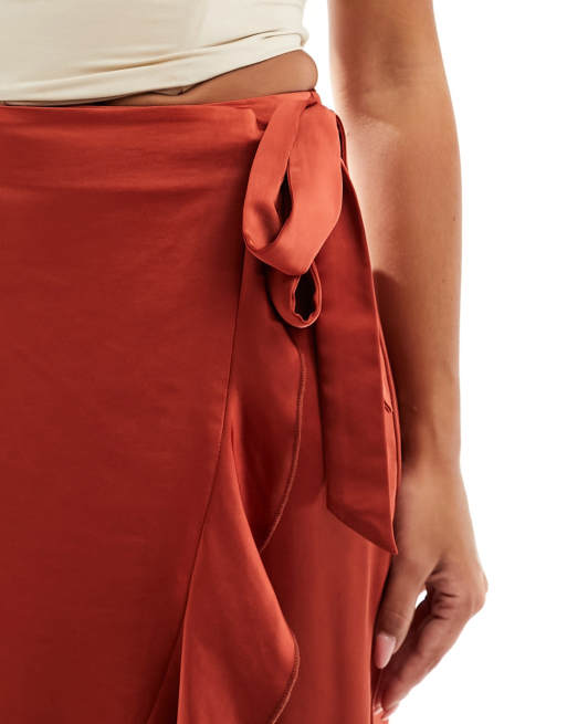 Flounce London satin wrap midaxi skirt in rust