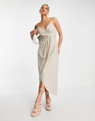 Flounce London Flounce London satin wrap midi dress in beige-Neutral