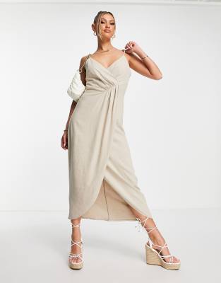 beige wrap midi dress