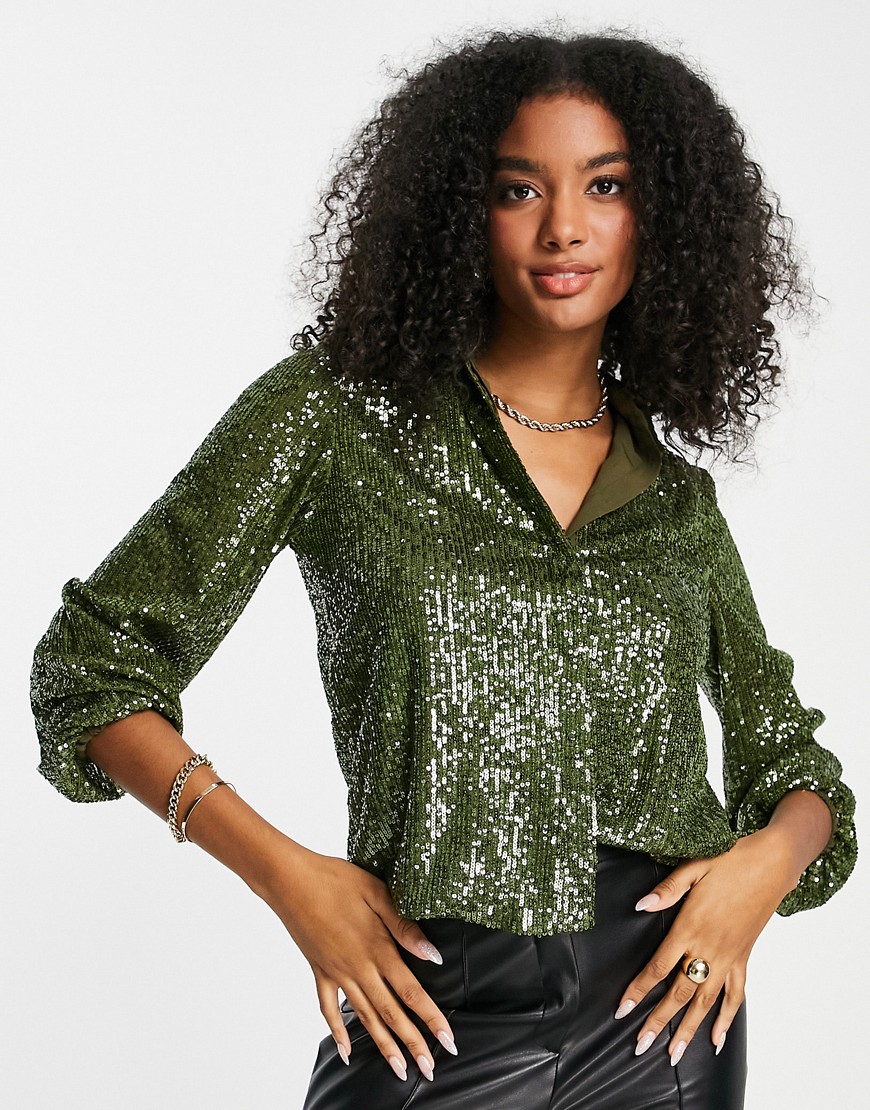 Flounce London sequin shirt with balloon sleeves in khaki - part of a set-Green