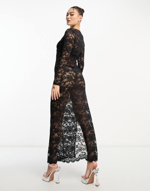 Flounce London sheer lace maxi dress with side split in black | ASOS